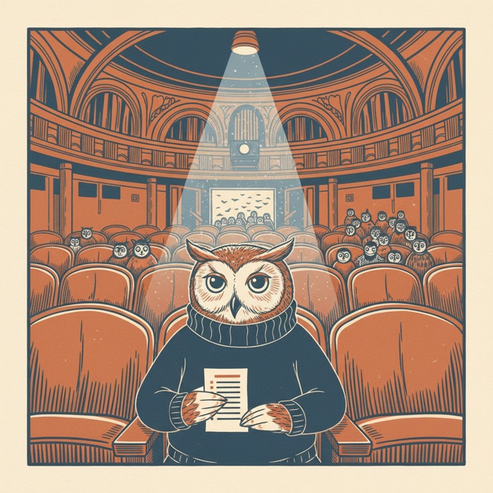 Linocut portrait: an owl alone in a revival cinema