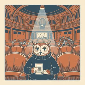 Linocut portrait: an owl alone in a revival cinema