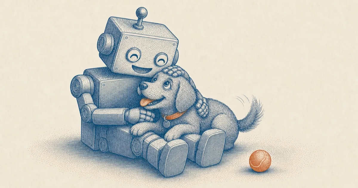 Engraving: the same robot on the floor with a delighted dog leaning against it, its hand on the dog's head