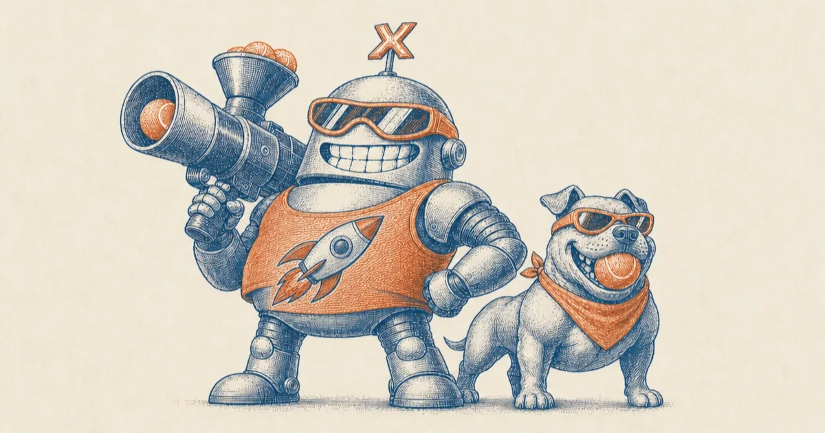 Engraving: a squat, grinning robot in sunglasses and a rocket-print shirt with a tennis-ball launcher over its shoulder, a muscular dog at heel