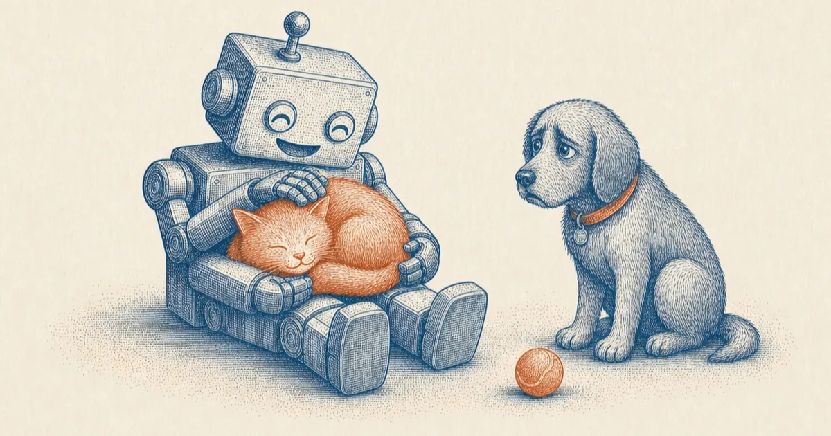 Engraving: a robot in an armchair strokes a sleeping cat while a dog looks on
