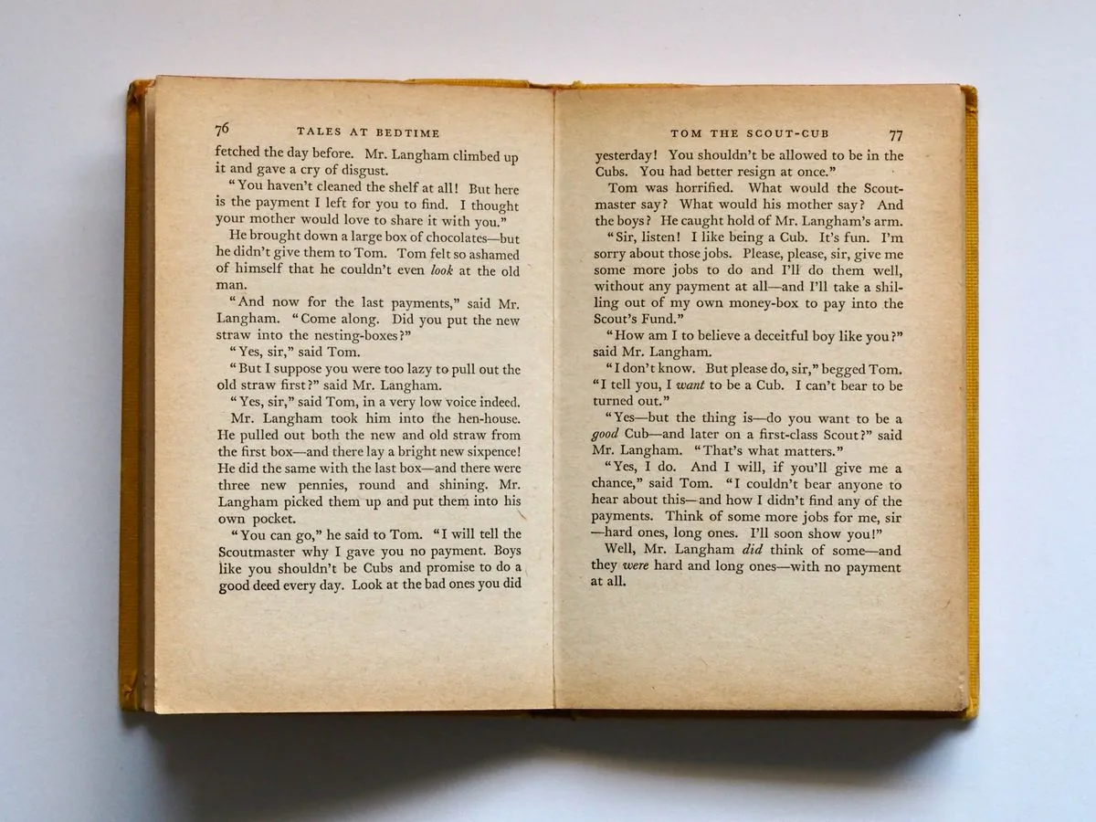 An open vintage English book, Tales at Bedtime, showing two printed pages.