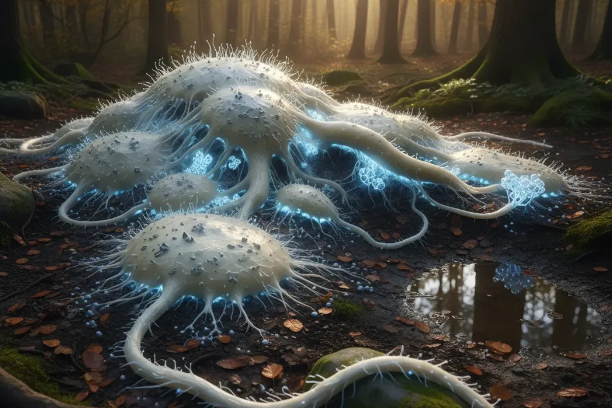 A glowing white fungal network spreading across a forest floor