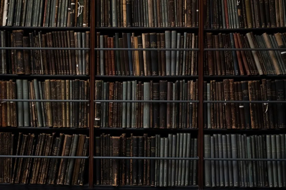 Vintage books on library shelves