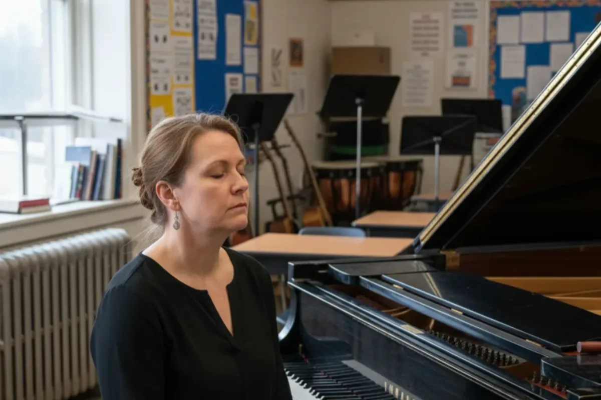 A woman sits with her eyes closed beside an open grand piano in a school music room